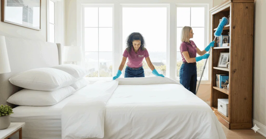 Two women wearing gloves clean a bright bedroom; one makes the bed while the other dusts a wooden shelf near large windows.