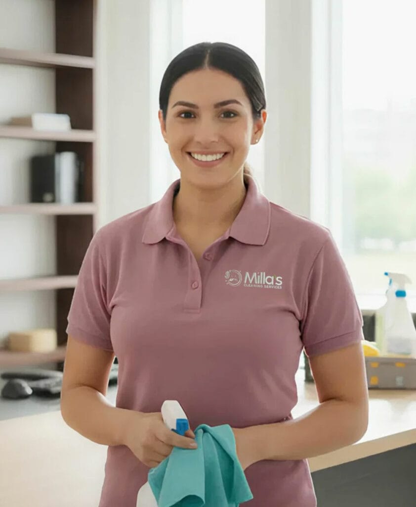 Smiling woman in a cleaning uniform holds a spray bottle and cloth in a bright, tidy office, ready to provide expert office cleaning services.